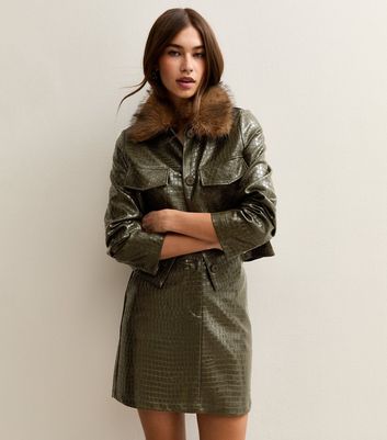 Green Faux Leather Crocodile Embossed Long Sleeve Jacket | New Look