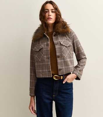 Brown Check Faux Fur Collar Flap Pocket Boxy Jacket