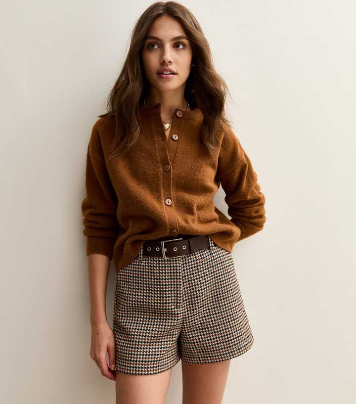 Brown Houndstooth Check Belted Shorts