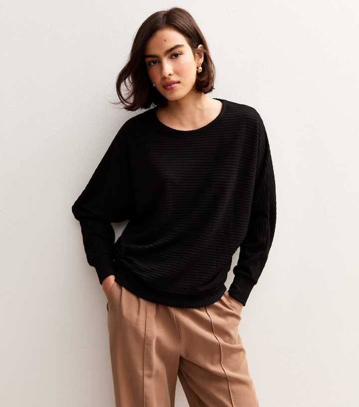 Black Soft Touch Ribbed Batwing Sleeve Top