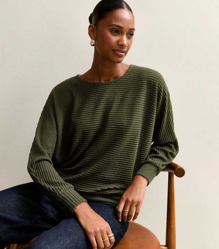 Khaki Soft Touch Ribbed Batwing Sleeve Top