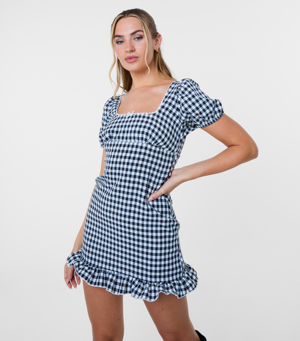 Pink Vanilla Women's Black Pattern Black Gingham Puff Sleeve Mini Dress New Look Uk Size 6