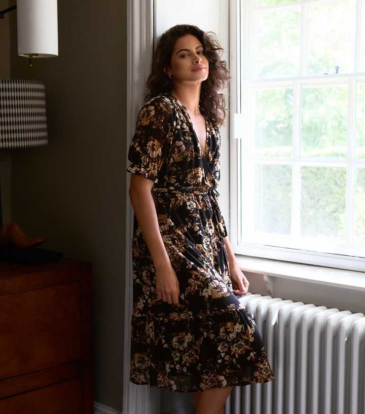 Blue Vanilla Brown Floral Print Mesh Tiered Mini Dress New Look