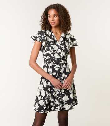 Blue Vanilla Black Abstract Print Frill Sleeve Mini Dress