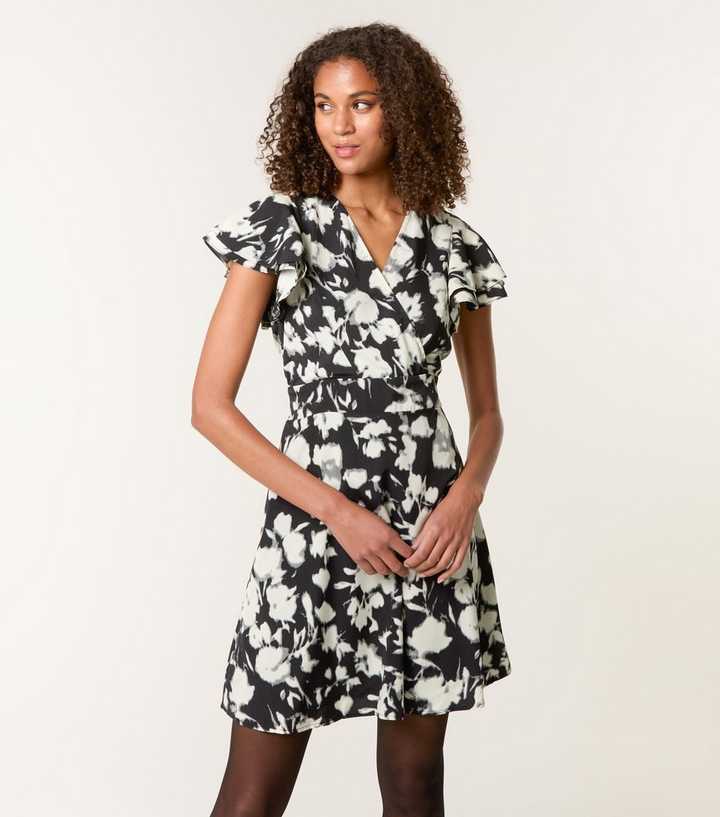 Blue Vanilla Black Abstract Print Frill Sleeve Mini Dress