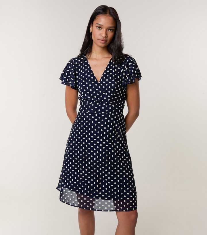 Blue Vanilla Navy Spot Mesh Frill Sleeve Midi Dress