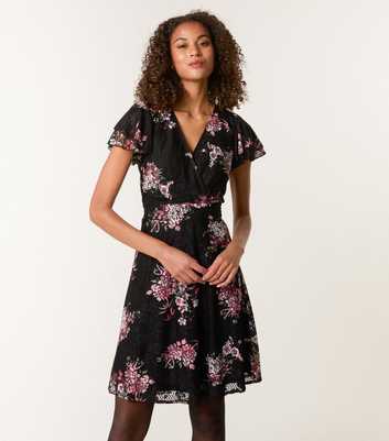 Blue Vanilla Black Floral Mesh Wrap Style Mini Dress