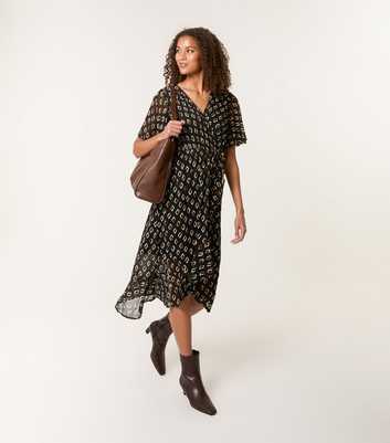 Blue Vanilla Black Mesh Geometric Print Midi Dress