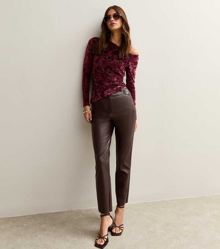 Dark Brown Faux Leather Straight Leg Trousers
