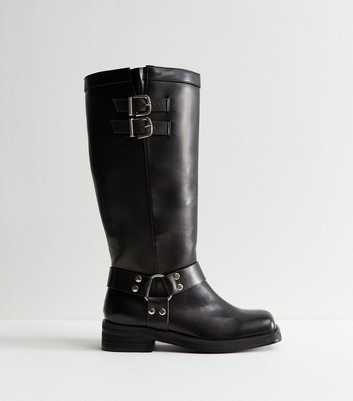 Public Desire Wide Fit Black Faux Leather Buckled Tab Biker Boots
