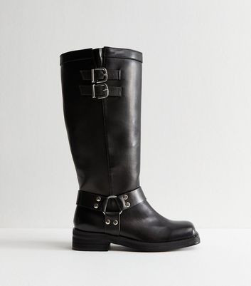 Public Desire Wide Fit Black Faux Leather Buckled Tab Biker Boots