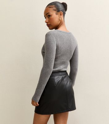 Petite Black Faux Leather A-Line Mini Skirt New Look