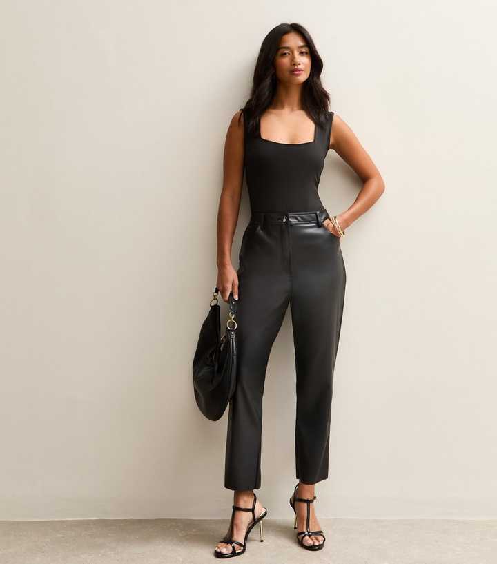 Petite Black Faux Leather Straight Leg Trousers