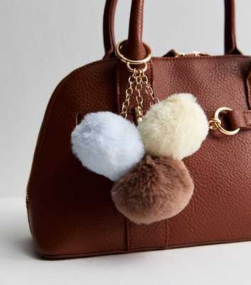 Yellow Blue and Brown Three Pom Pom Bag Charm