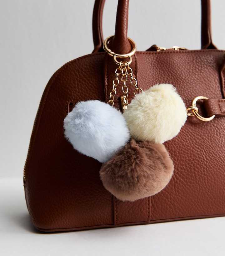 Yellow Blue and Brown Three Pom Pom Bag Charm