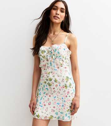 White Floral Print Chiffon Strappy Mini Dress