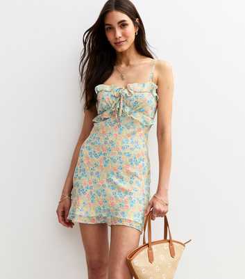 Yellow Chiffon Floral Print Mini Dress