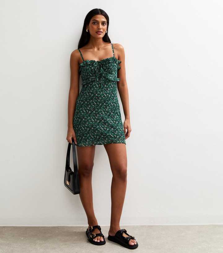 Green Chiffon Floral Print Strappy Mini Dress