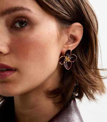 Gold Tone Burgundy Enamel Flower Stud Earrings