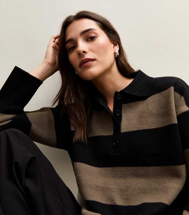 Black Striped Compact Knit Button Up Polo Top