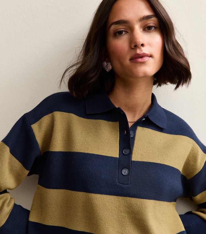 Green Striped Compact Knit Button Up Polo Top