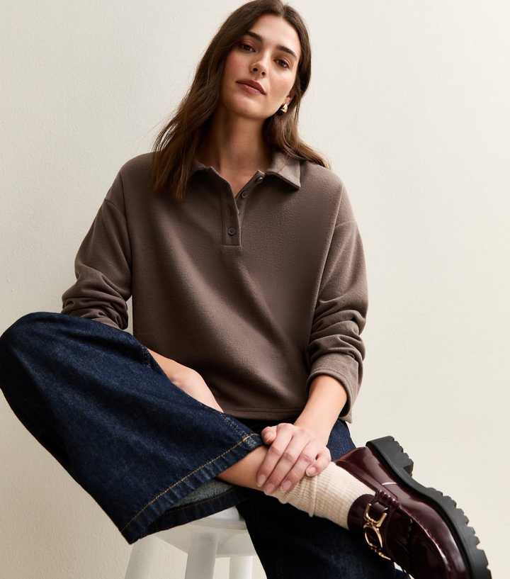 Dark Mink Soft Touch Long sleeve Button Up Polo Top