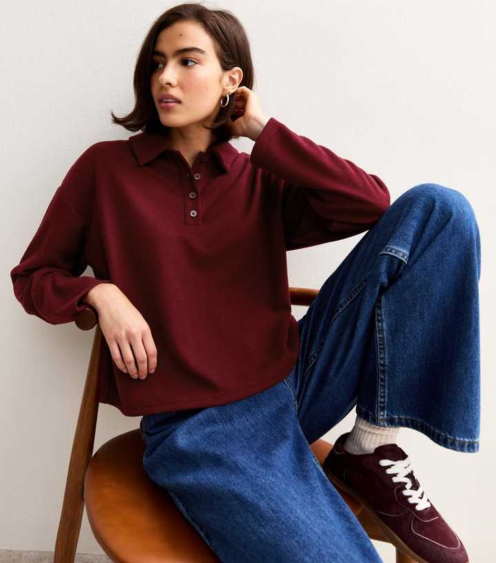 Dark Red Soft Touch Long Sleeve Button Up Polo Top