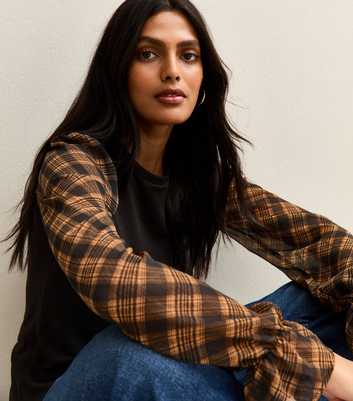 Black Soft Touch Contrast Checked Sleeve Top