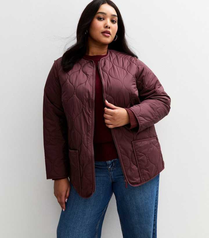 Curves Burgundy Stitched Pattern Lightly Padded Jacket