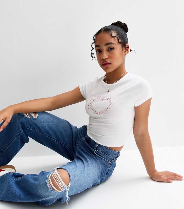 Girls White Embellished Heart T-Shirt