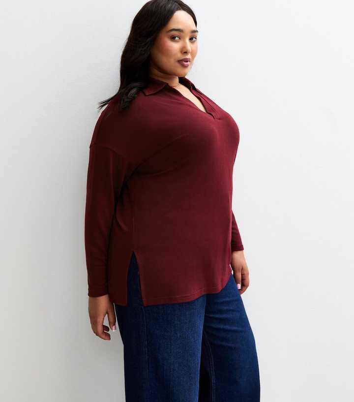 Curves Dark Burgundy Soft Touch Rugby Polo Top