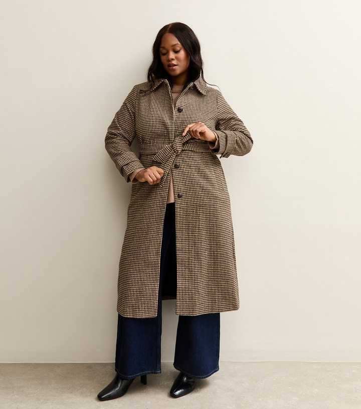 Curve Brown Dogtooth Check Belted Wrap Coat