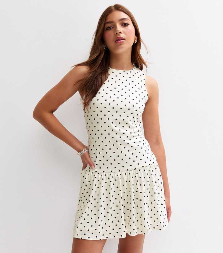 Girls White Polka Dot Sleeveless Drop Waist Dress