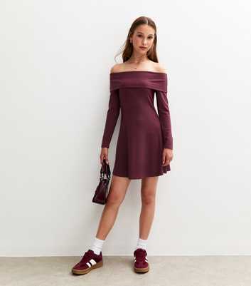 Girls Light Burgundy Bardot Ribbed Long Sleeve Dress