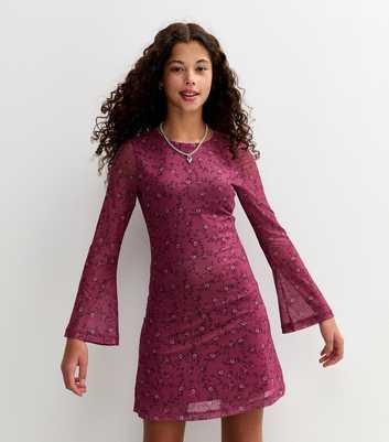 Girls Red Mesh Rose Print Long Sleeve Mini Dress