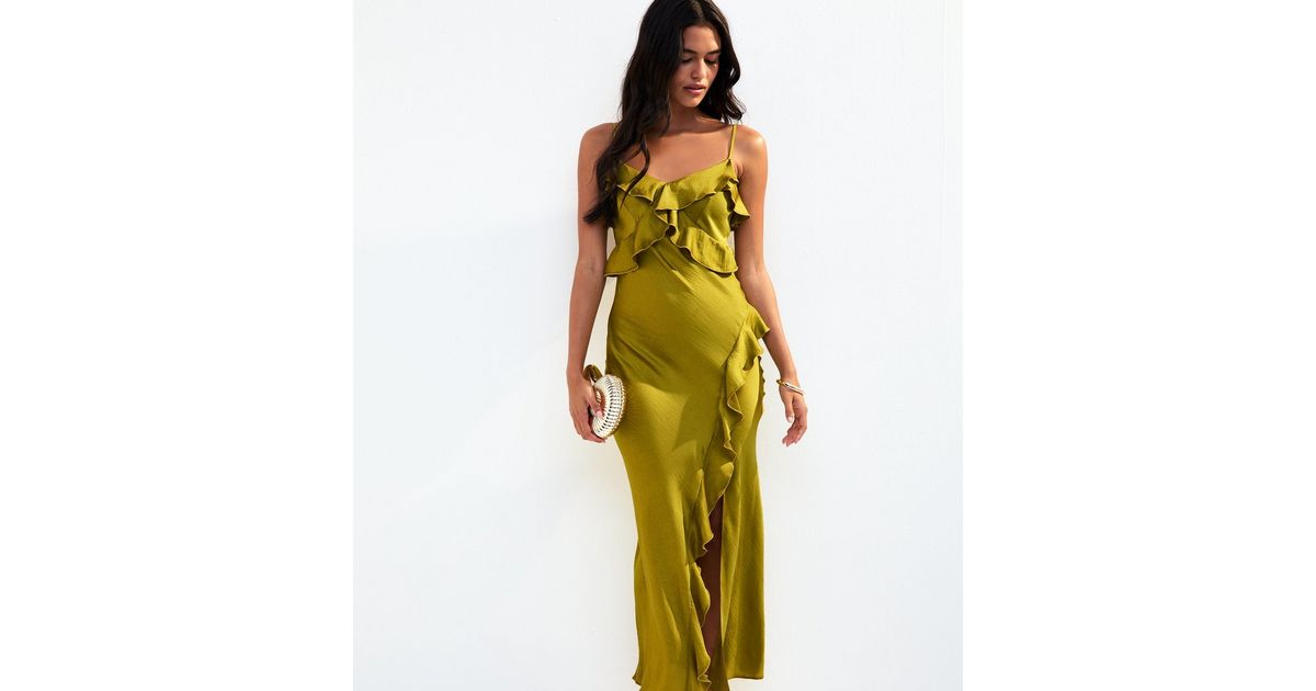 Olive Green Frill Satin Midi Slip Dress | New Look