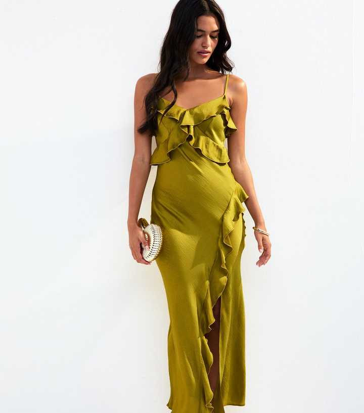 Olive Green Frill Satin Midi Slip Dress