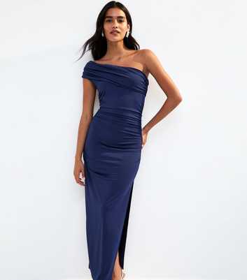 Navy Ruched One Shoulder Slit Hem Midi Dress