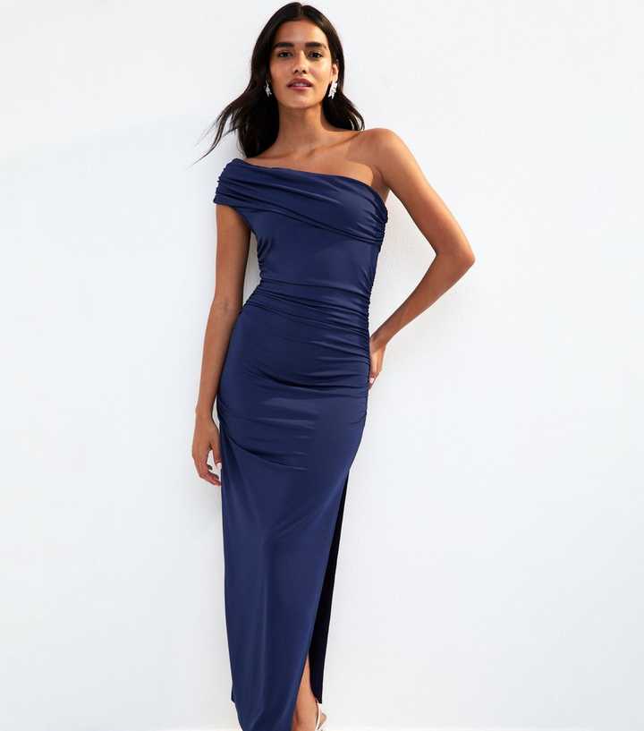 Navy Ruched One Shoulder Slit Hem Midi Dress