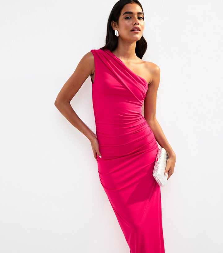 Bright Pink Ruched One Shoulder Slit Hem Midi Dress