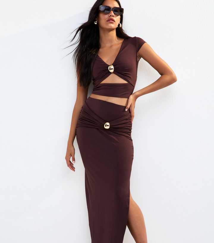 Brown Split Hem Midi Skirt