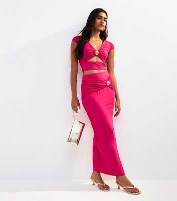 Bright Pink Split Hem Midi Skirt