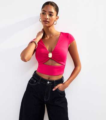 Pink Gold Ring Detail V Neck Crop Top 