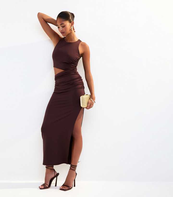 knee length dresses for ladies Maya brown knot cutout midi dress – Glamify Famous For Loungewear main image 1