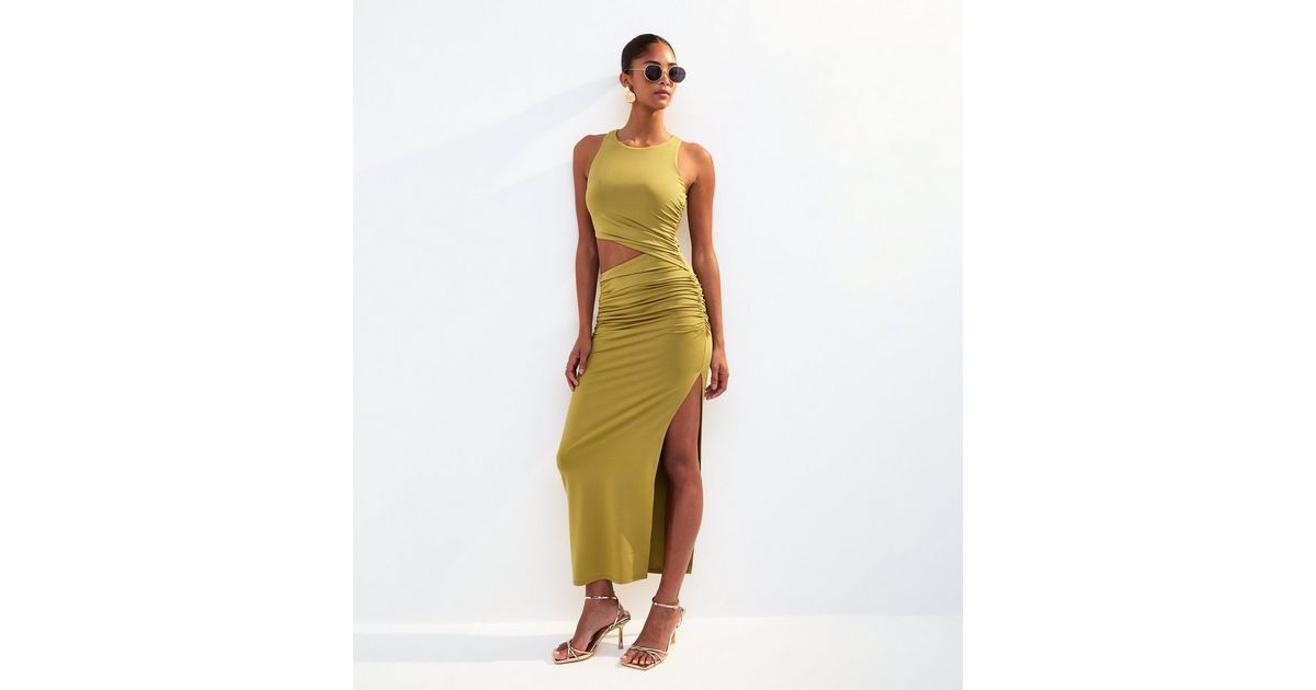 Olive Jersey Ruched Cut Out Midi Dress | New Look