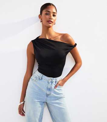 Black Twist Fallen Shoulder Bodysuit  
