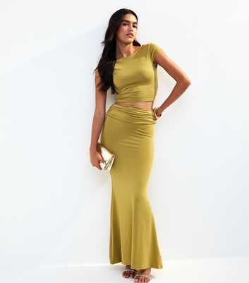 Olive Green Foldover Midi Skirt 
