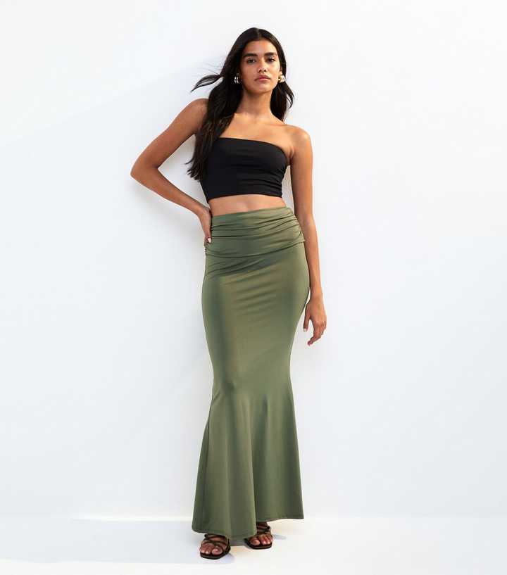 Khaki Foldover Midi Skirt
