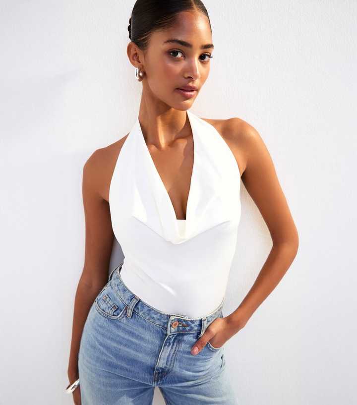 Off White Halter Cowl Neck Sleeveless Body