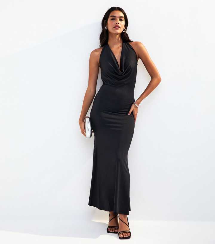Black Cowl Halterneck Midi Dress